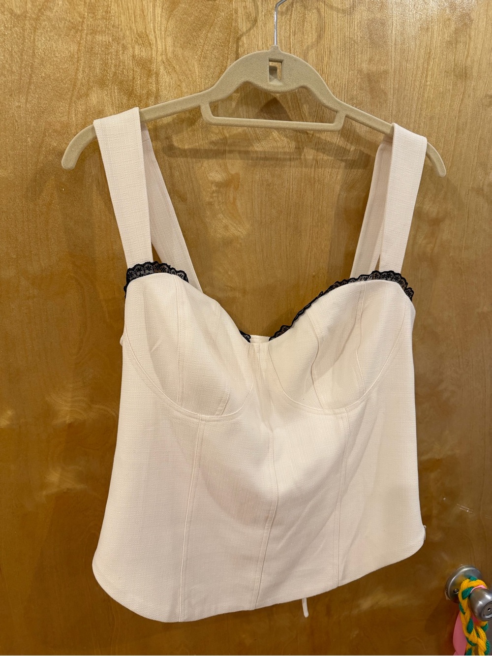 Reformation Cream Bustier Top with Black Lace Trim